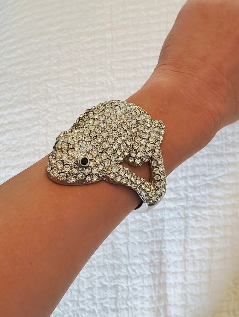 Unique Crystal Frog Hinge Bracelet - Bold, Silver Sparkling Rhinestone Frog Cuff